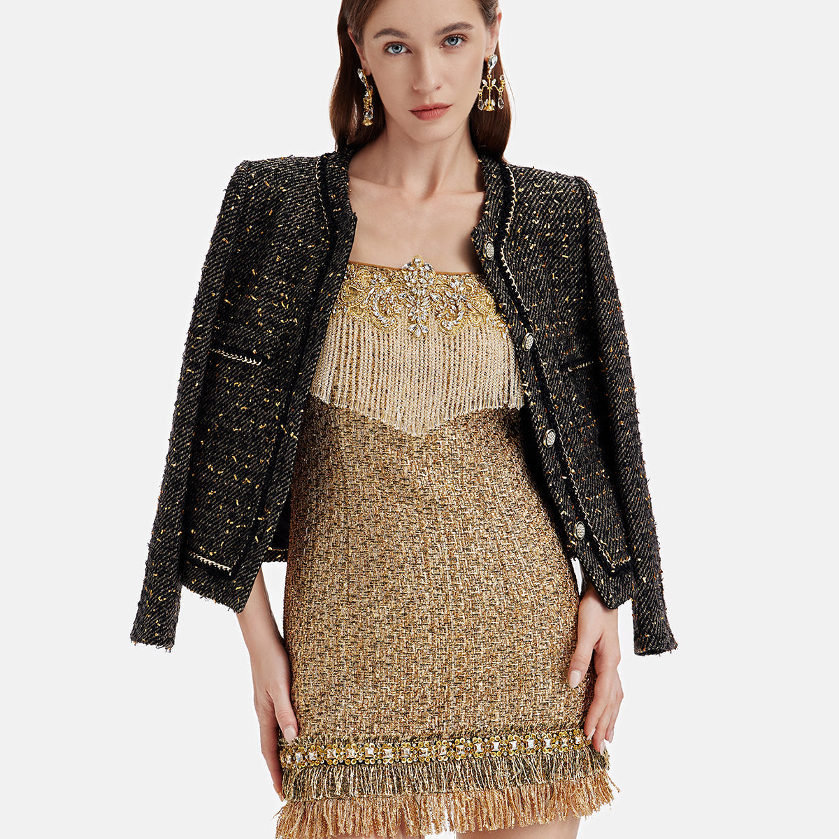 Altın İplik Deri Zincirli Trim Ceket