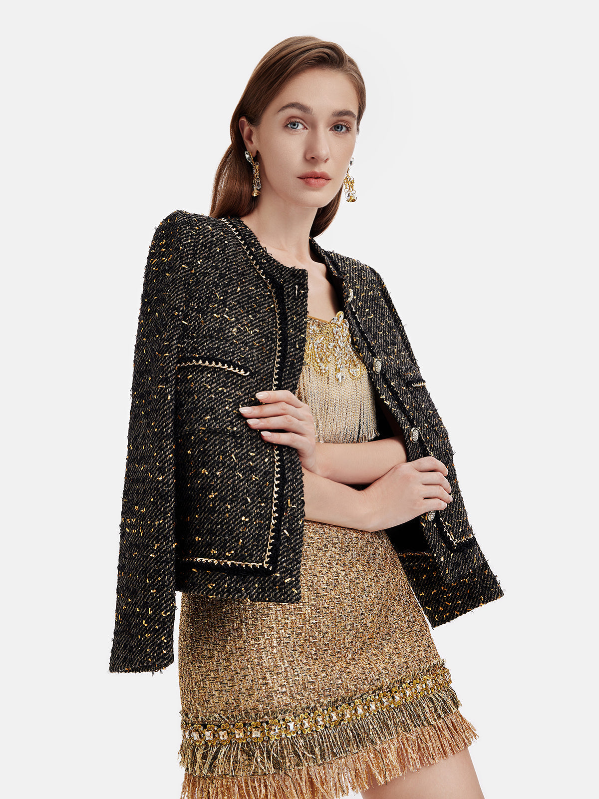 Altın İplik Deri Zincirli Trim Ceket