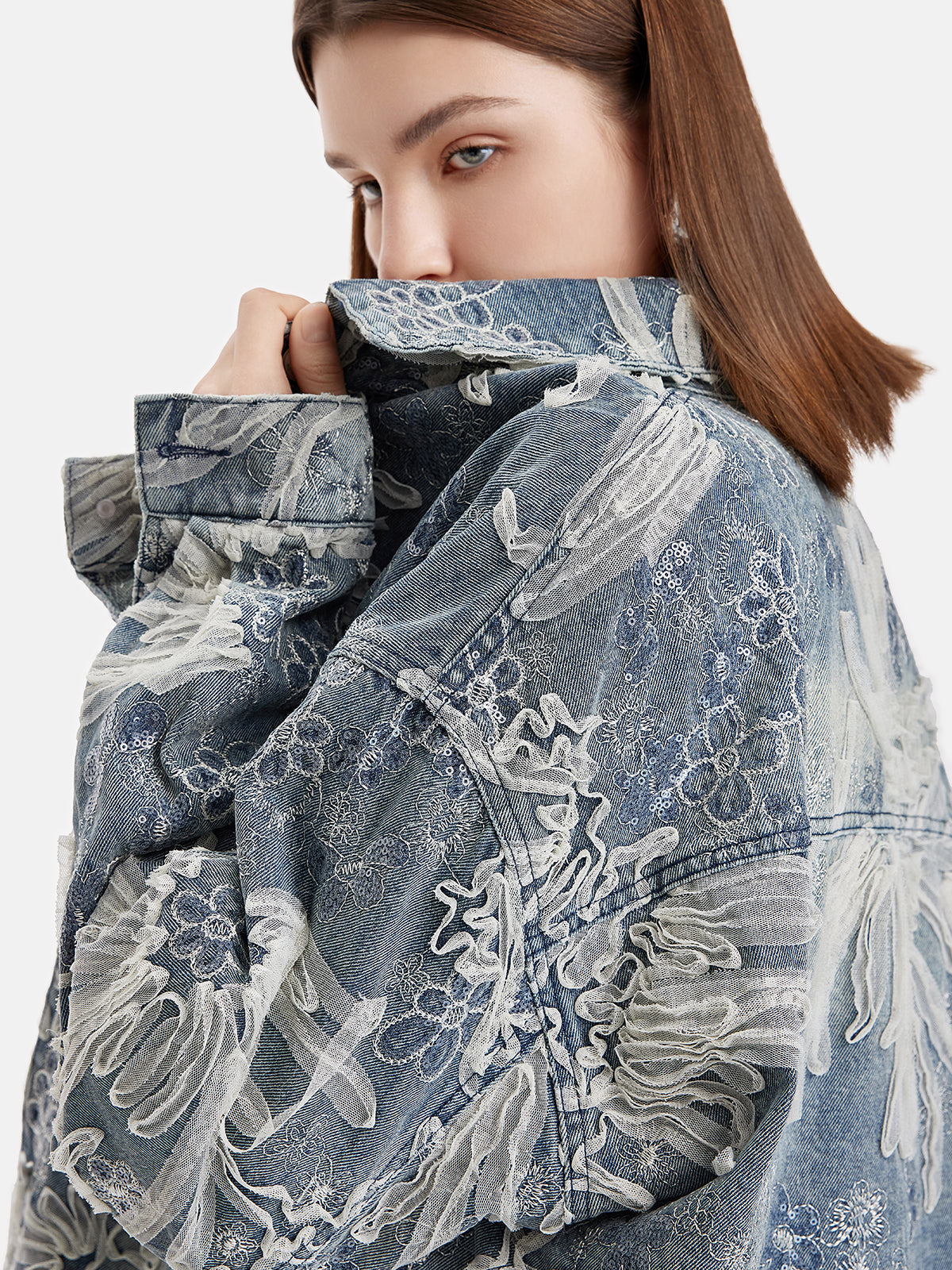 İşlemeli Dantel Boncuklu Denim Ceket