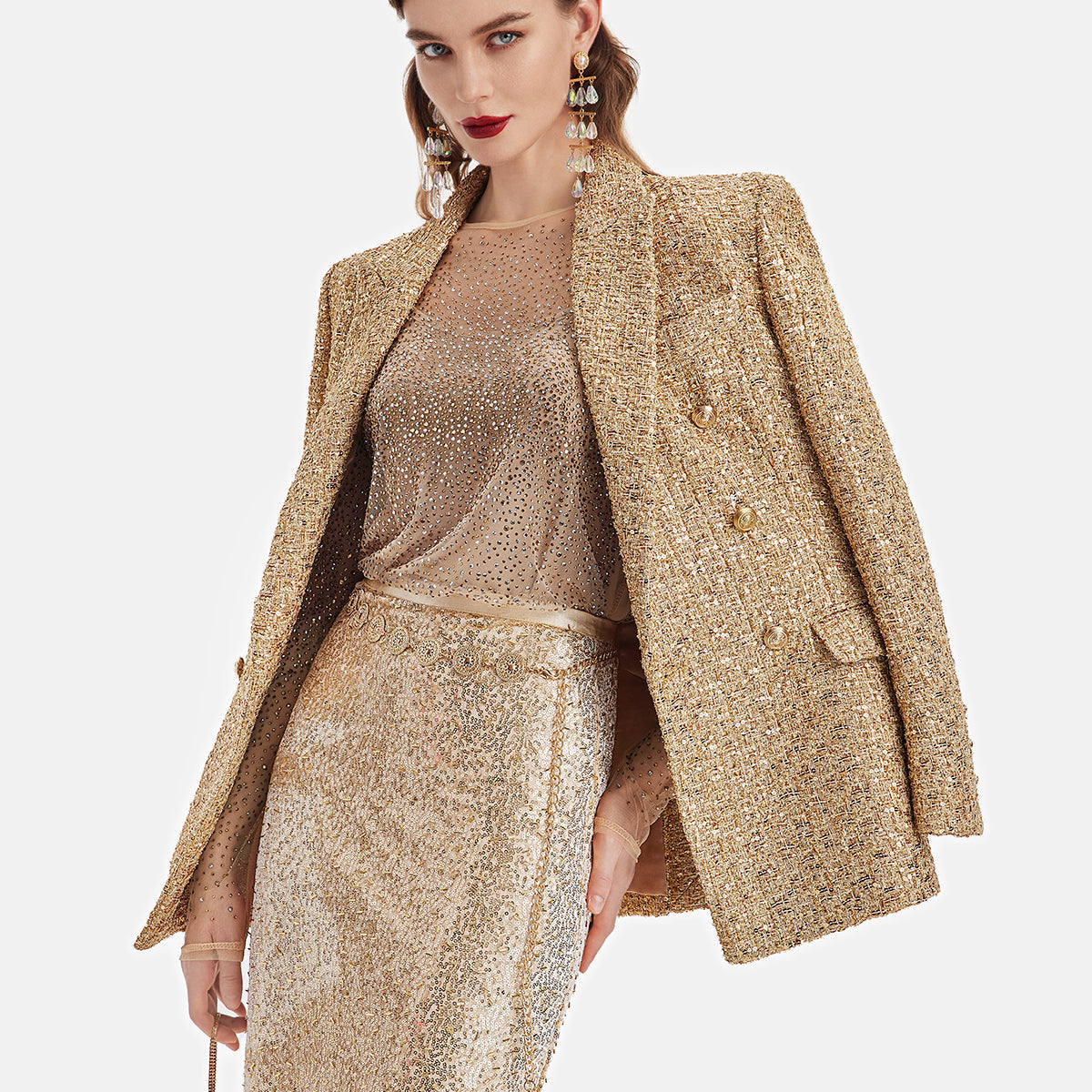 Göz Alıcı Altın Tüvit Kruvaze Ceket