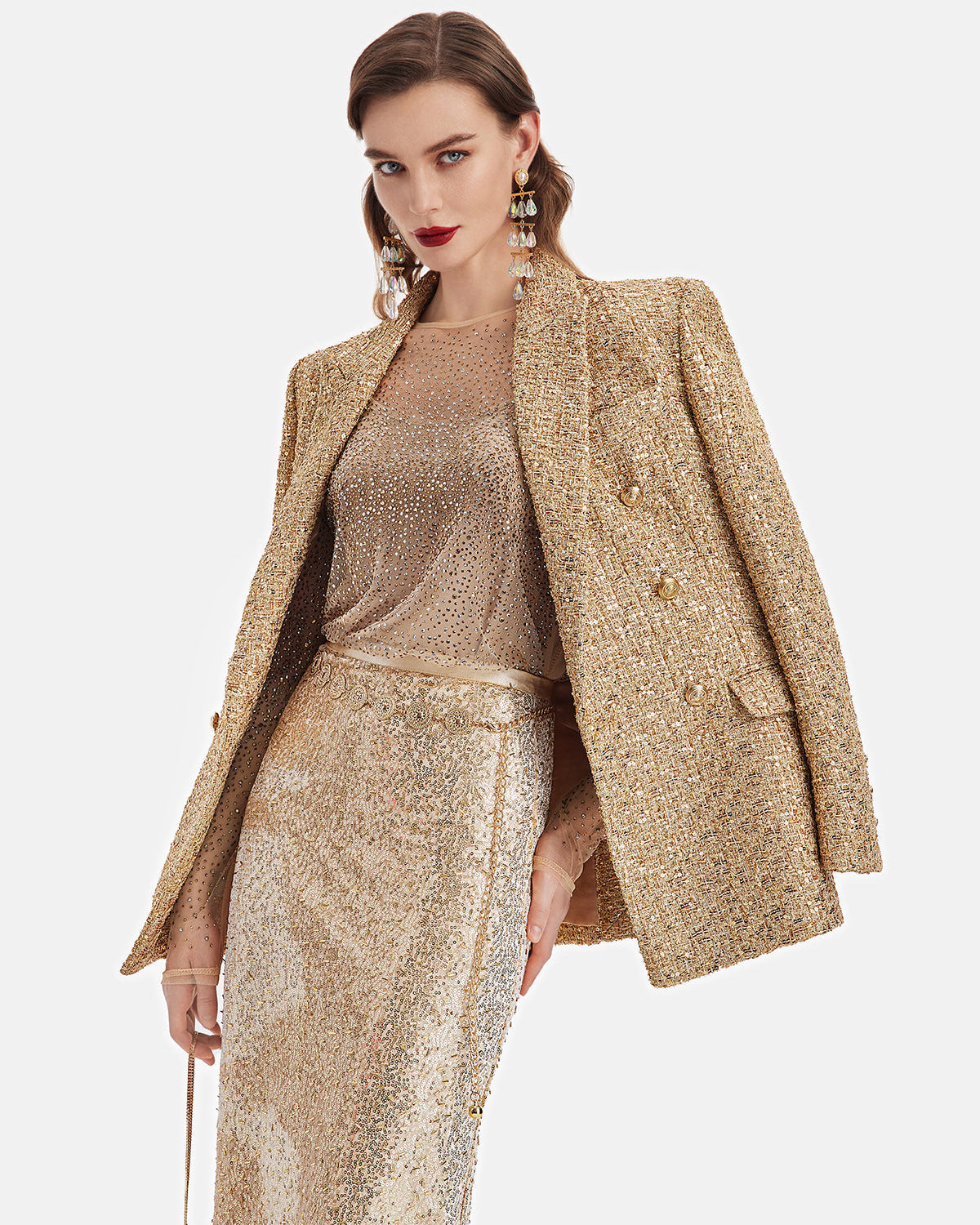 Göz Alıcı Altın Tüvit Kruvaze Ceket