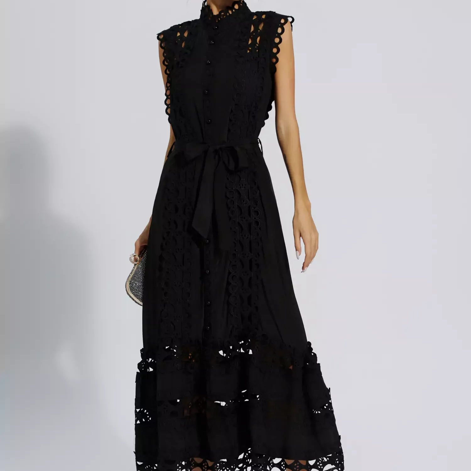 Kennedi Siyah Kolsuz Hollow Maxi Elbise