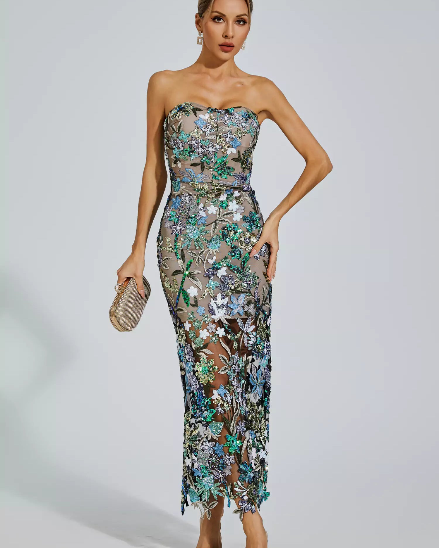 Leanna Yeşil Çiçek İşlemeli Uzun Elbise