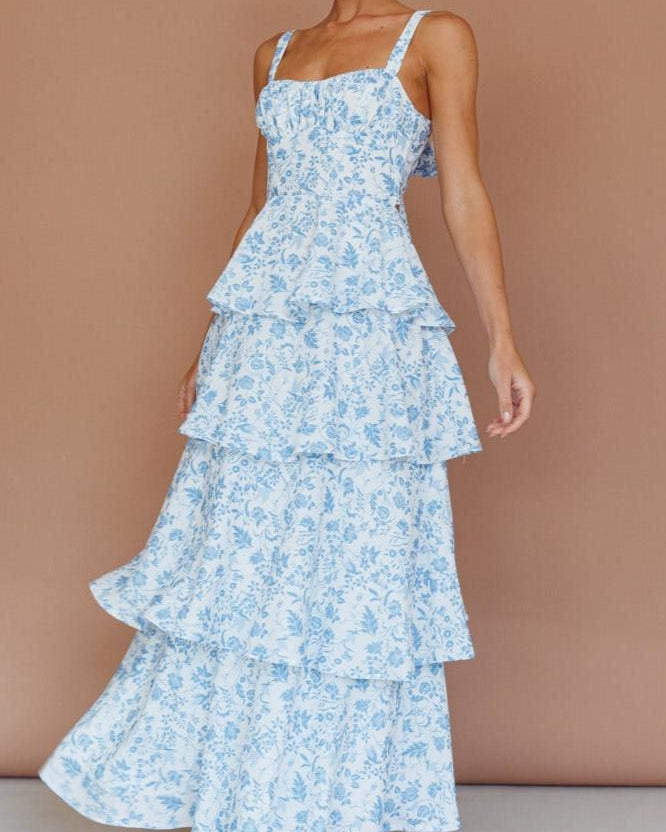 Provence Bloom Katlı Maxi Elbise - Çiçekli Mavi