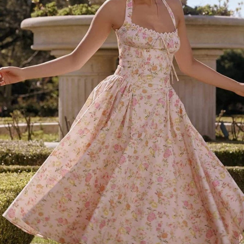 Abigail Baskılı Halter Yaka Korse Midi Elbise