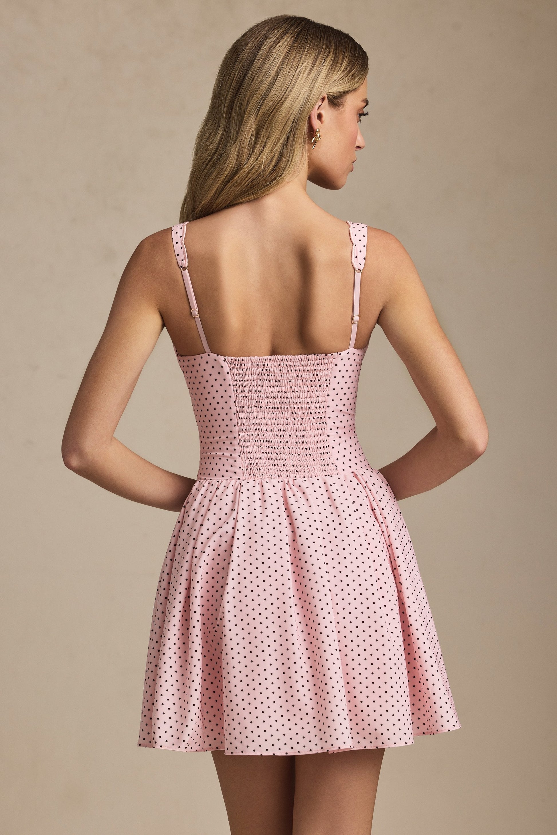 Mira Fiyonklu Puantiye Desenli A Kesim Mini Elbise – Pembe