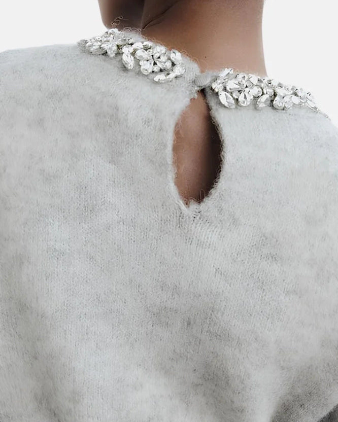 Yuvarlak Yaka Kristal İşlemeli Örgü Kazak