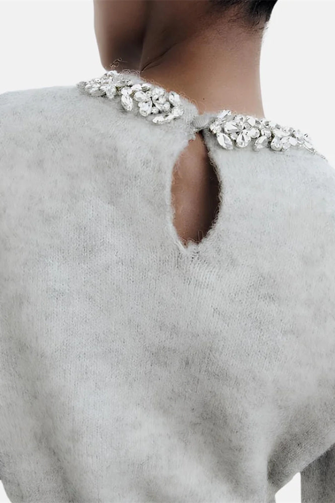 Yuvarlak Yaka Kristal İşlemeli Örgü Kazak