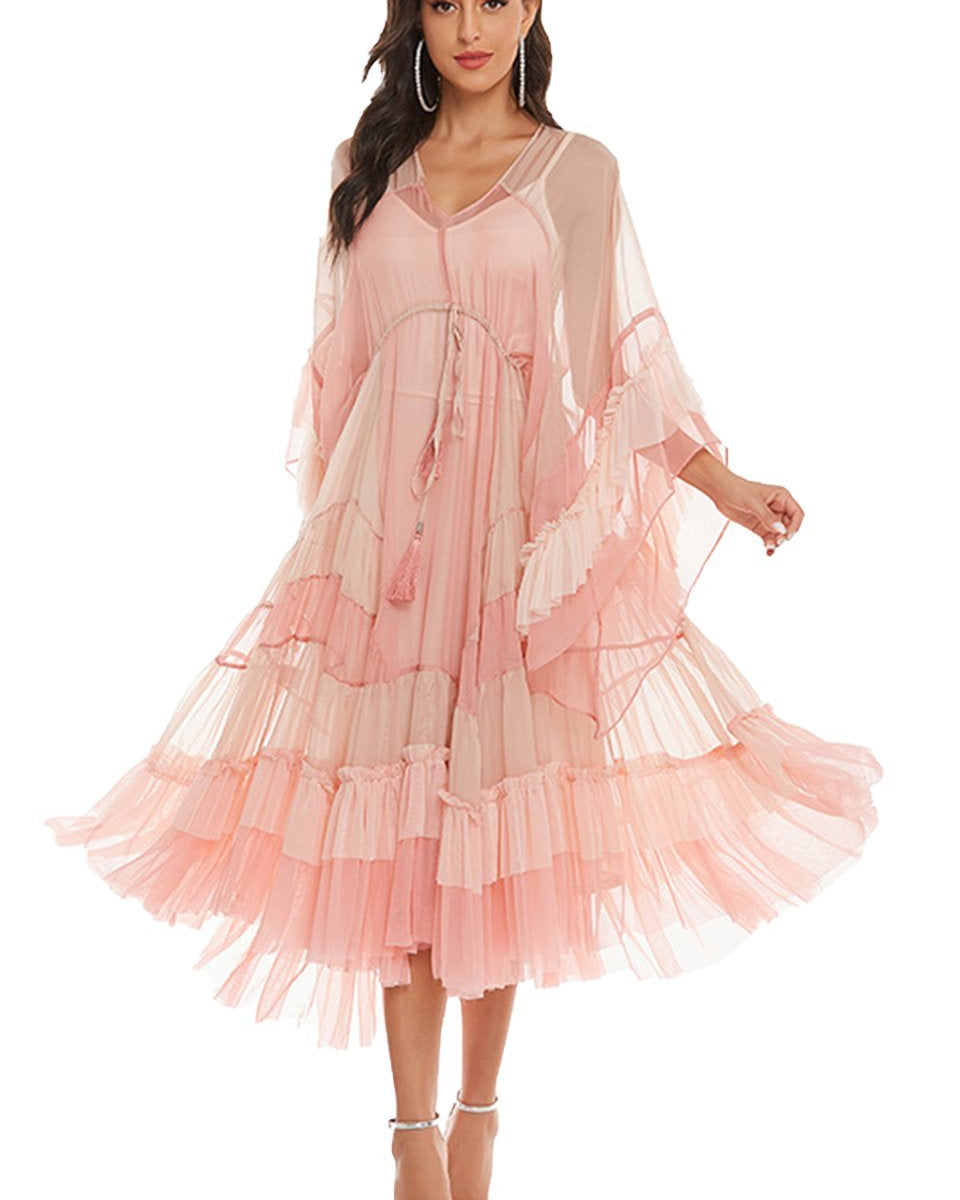 Katie Mesh Degrade Pembe Midi Uzun Elbise