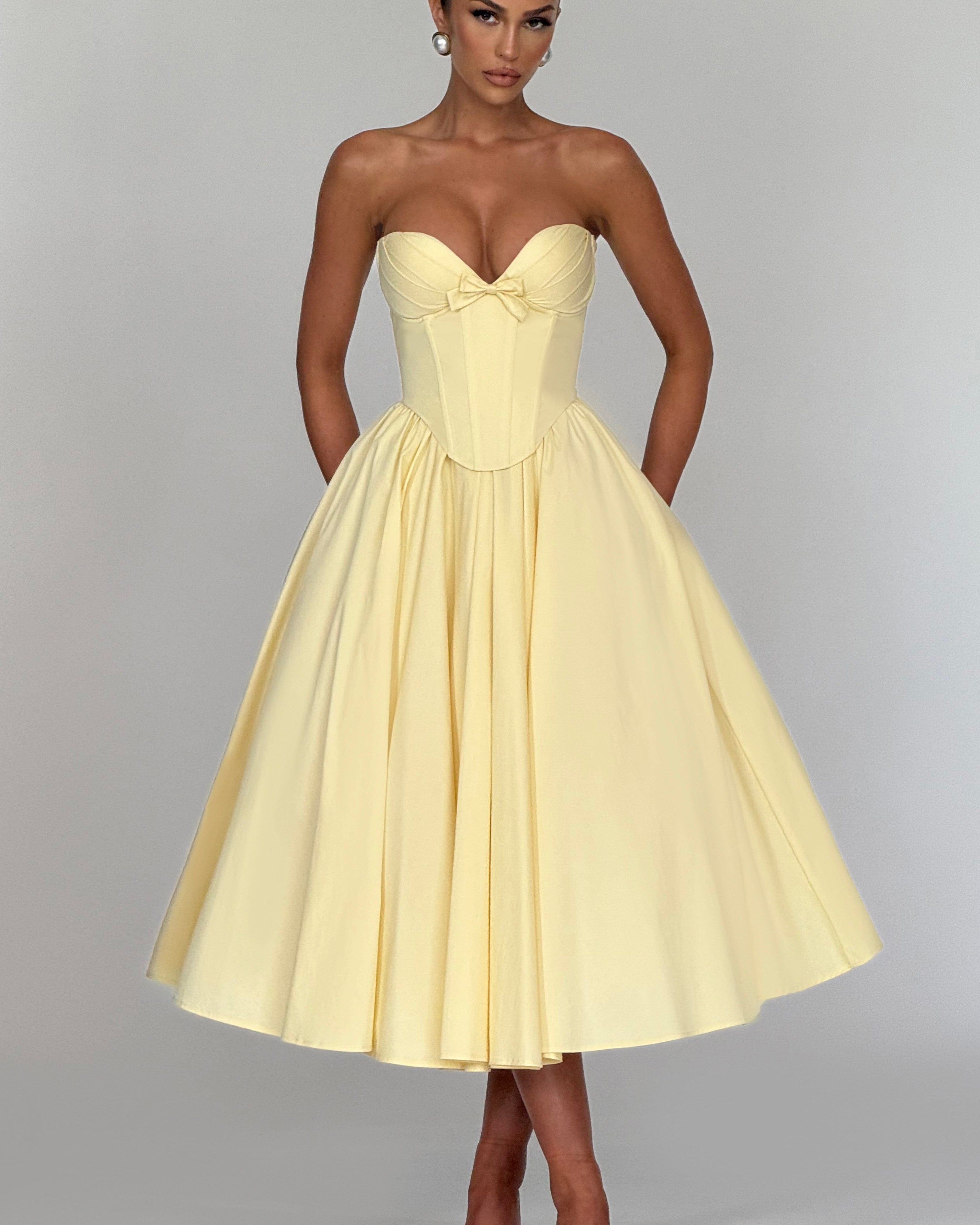 Prim Fiyonklu Midi Elbise – Limon Sarısı