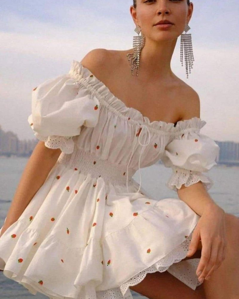 Rebecca Baskılı Puf Kollu Mini Elbise