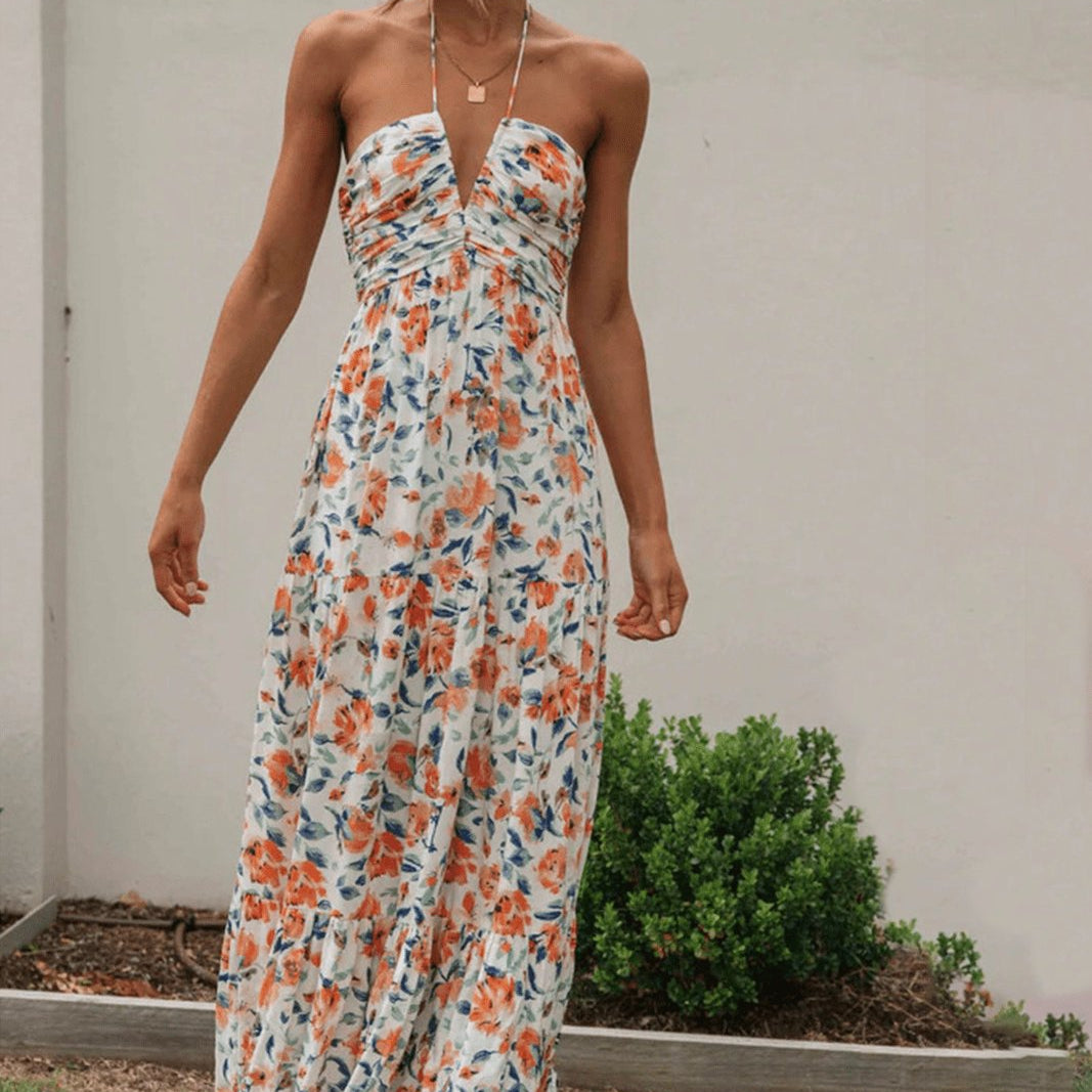 Sue Çiçek Baskılı Halter Yaka Uzun Sundress