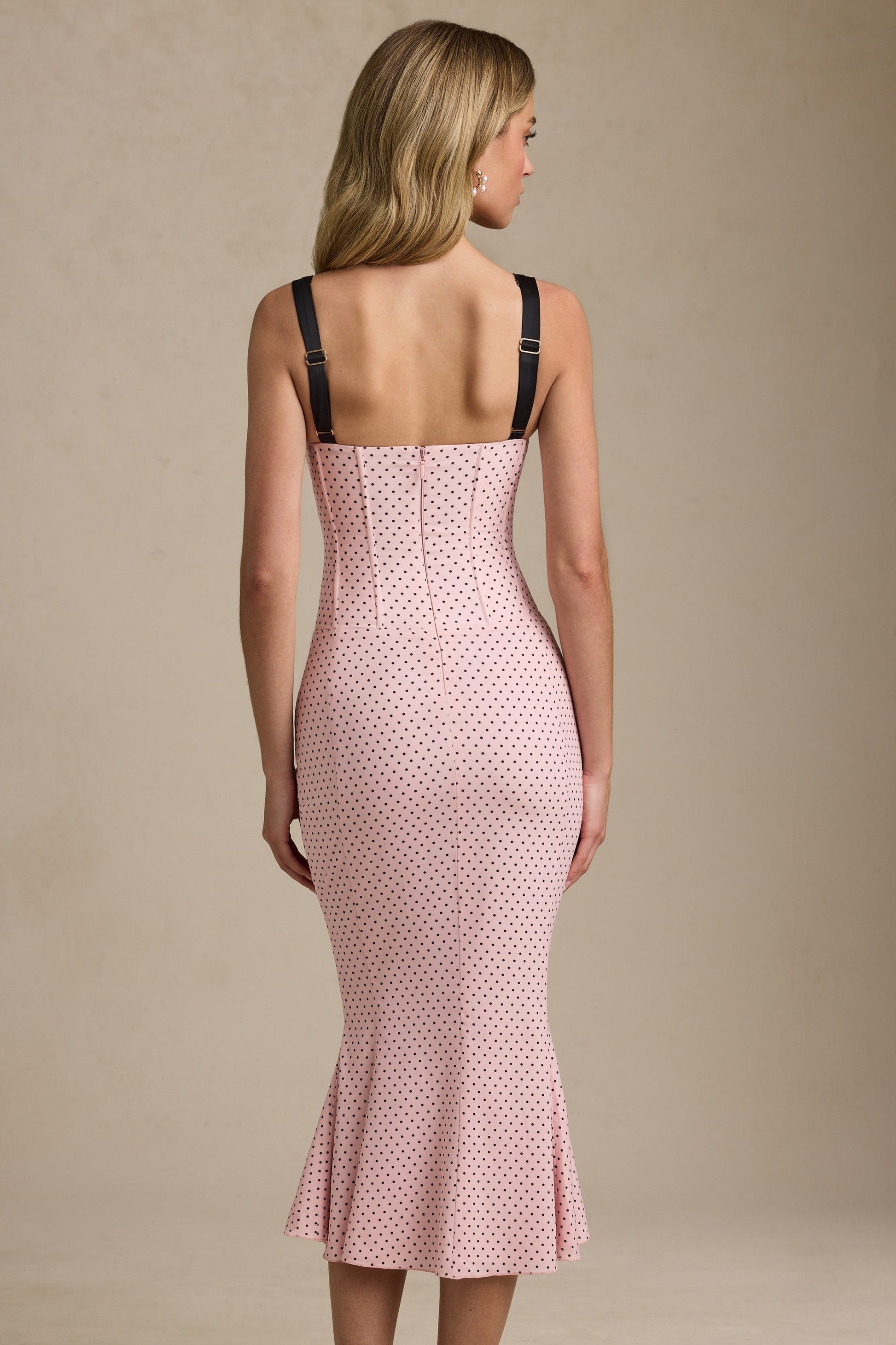 Valentina Bra Detaylı Balık Form Midaxi Elbise – Pembe Puantiyeli