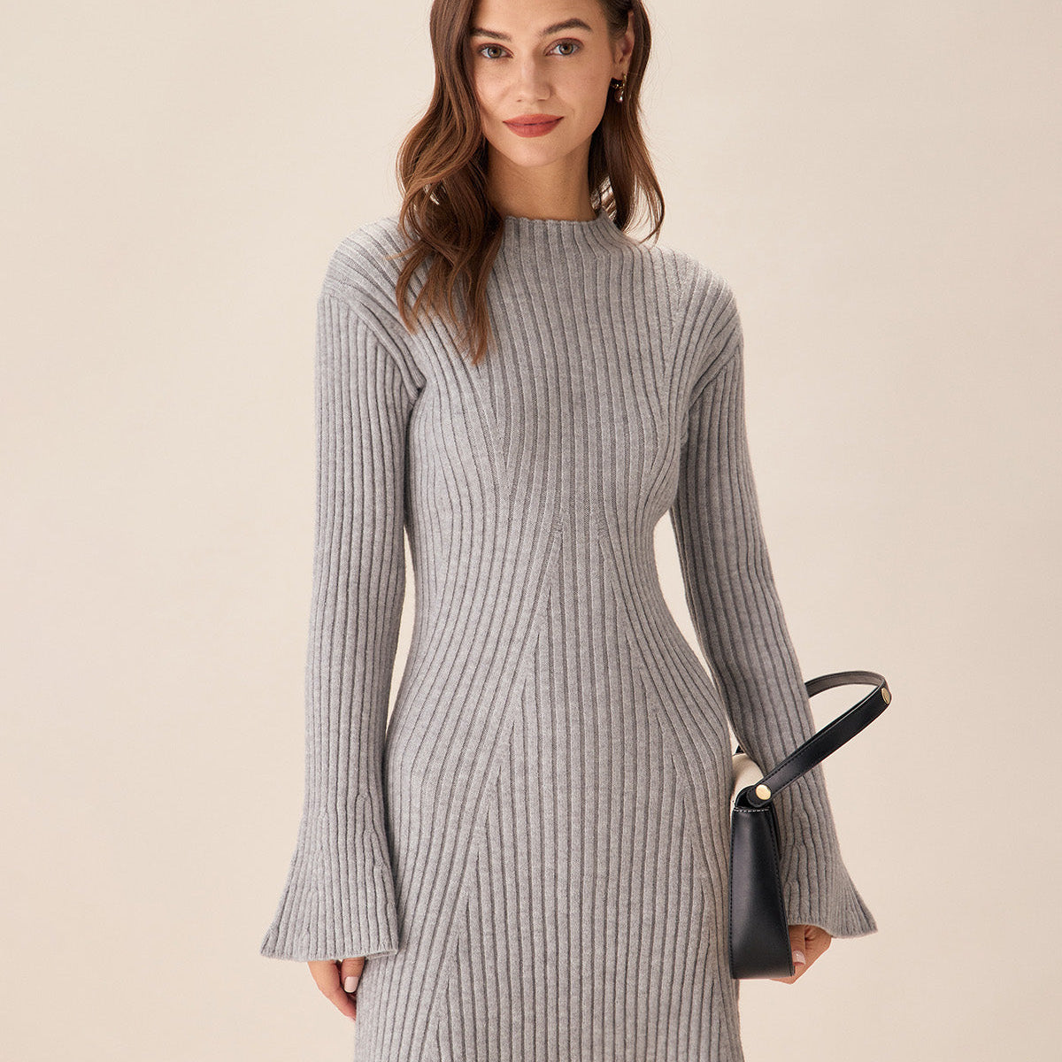 Gri Bisiklet Yaka Çan Kollu Kazak Elbise