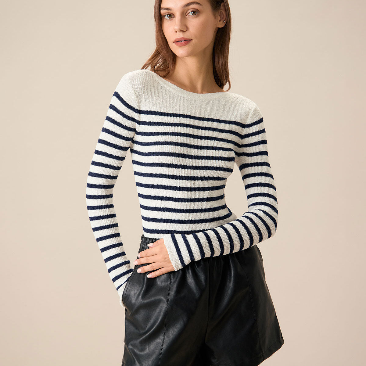 Lacivert Kayık Yaka Dar Kesim Çizgili Kazak